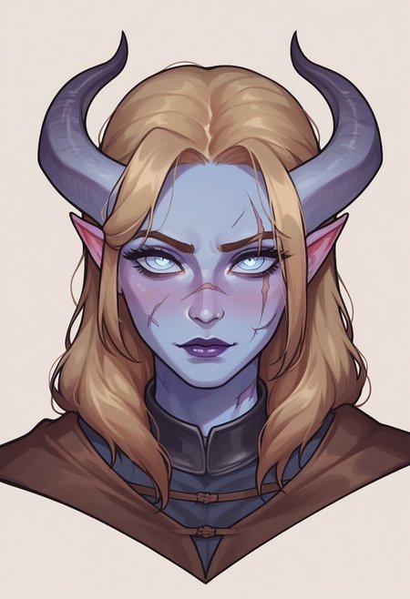 score_9, score_8_up, score_7_up, score_6_up, score_5_up, score_4_up, eye contact, looking at viewer, source_anime, naughty traditional art, lineart, DC, tiefling woman, (dirty blonde hair), demon horns, blue skin, cute face, attractive face, pretty face, rating_questionable, zPDXL, medieval, knight lady,  upper body portrait, scar over left eye,