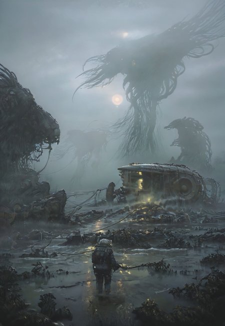 the flood halo, by Peter gric, H.R Giger, Chris Cold, by Florent Desailly, , (((the electric state book by Simon Stalenhag))), , alien race, by Peter gric, H.R Giger, Chris Cold, by Florent Desailly, alien race, horror, post apocalyptic, futuristic, post apocalyptic, (stunning, magnificent, HD, photorealistic, dramatic lighting, intricate details, high detailed biomechanical patterns, powerful, cinematic, masterpiece, aftermath