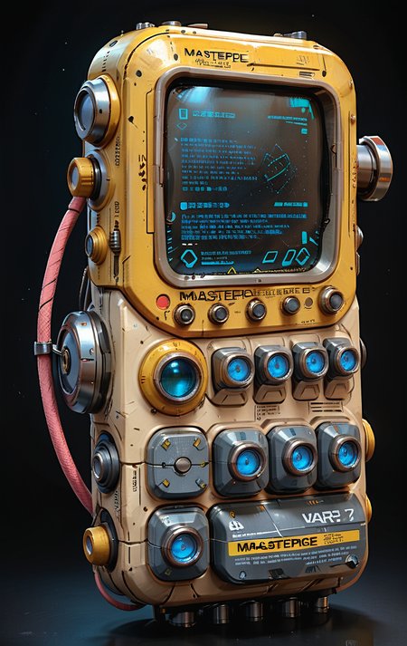 (in ARTIST style:1.4), (masterpiece:1.7),
cute 1girl with (science fiction texture, science fiction skin, science fiction, someplastic, no humans, black background, simple background, phone, still life, cable, screen, cellphone, english text, old style, old phone, device, wearable item) armour, tiny waist,
(masterpiece:1.8), (highest detailed:1.8), (angle:1.8), perfectly lighted, (contrast), (saturated), (((sharp focus))),
(hyperdetailed:1.3), (intricate details:1.2), (Refined details:1.3), (best quality:1.5), highly detailed textures, vibrant colors,
<lora:add-detail-xl:1> (ultra sharp focus:1.8), (detailed skin:1.8), (detailed windows:1.8), (thin lines:1.8), (best quality:1.8),
<lora:Apparatus_-_Traction_City_Walkers_Vehicles:0.7>,
<lora:Someplastic:1>,