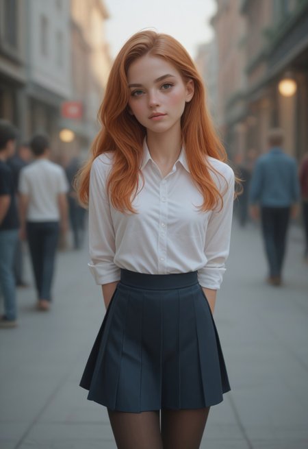 safe_pos, score_9_up, scorscore_9_up, score_8_up, score_7_up, 1girl, young, pretty face, bellissima, sexy, flowing ginger hair, skirt, pantyhose, blush, hands behind back, depth of field.

