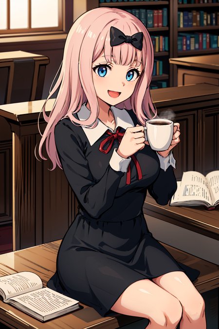 masterpiece, best quality, highres,perfect lighting,  chika1, fujiwara chika, school uniform, black bow, black dress, red ribbon, long sleeves, blunt bangs, neck ribbon, collared dress, large breasts,<lora:fujiwaraChikaKaguya_v10:0.7>,holding cup, coffee mug, smile,:d, smelling, library, open book, studying, desk, sitting,