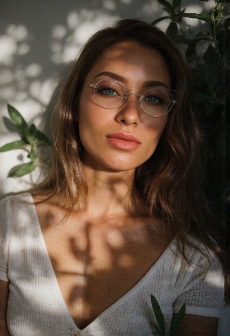 A hyper-realistic portrait. cinematic upper body photo, Dramatic Shadow with a Bold Look, A brunette woman, her hair neatly styled with subtle highlights that catch the light softly, beam of light on her, She wears round, silver-framed glasses perched elegantly on the bridge of her nose, excellent dynamic range, makeup, natural youthful glow. White modern clothes, straight white hair cascading down her shoulders, Her eyes are almond-shaped and striking blue ,accentuated by thick ,eyeliner. Her eyebrows are well-groomed,framing her eyes. arctic circle snow drift, snowing, snowflakes, cold, chill bumps, approaching perfection, dynamic, highly detailed, smooth, sharp focus, intricate details, shallow depth of field, vignette, high budget, bokeh, cinemascope, moody, epic, gorgeous, film grain, grainy,(skin texture:1.4) 
adorned with cascading vines and blooming flowers, Extreme emphasize on photorealistic, realistic detail, realistic reflection detail and realistic background detail. surrounded by lush greenery or a garden bathed in soft, golden sunlight filtering through leaves. The atmosphere is one of tranquility and happiness, enhanced by the subtle interplay of light and shadow across the scene