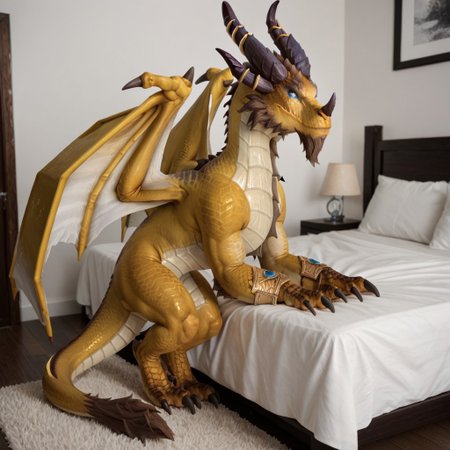 score_9, score_8_up, score_7_up, score_6_up, score_5_up, score_4_up, masterpiece, high quality, realistic, detailed, best quality, white bed, solo, rating_safe, source_furry, bedroom, smiling, sitting on hing legs, sitting on bed, white bed, looking at viewer, full body, nozdormu_wc, dragon, yellow scales, wings, horns, tail, tail end, claws, male, 1boy, blue sclera, black pupils, chest fins, feral