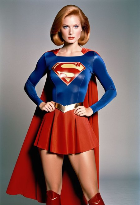 1980s Supergirl film costume, 18-year-old ginger-haired Supergirl, facing camera, shiny voluminous smooth straight side-parting short bob haircut, Supergirl film 1980s, ultra-realistic photo, Hyperdetailed photography, sharp focus