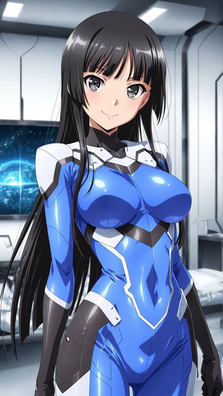 masterpiece, best quality, anime coloring, room,science fiction, 
1girl,solo, looking at viewer, smile
 <lora:Aoba-Tsuzaki_lL_v01:1> aoba-tsuzakim, black long hair, black eyes, blue bodysuit, skin tight