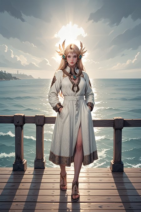 score_9, score_8_up, score_7_up,
<lora:LABeatrice:1.0>
LABeatrice, 1girl, long hair, blonde hair, hair ornament, looking at viewer, standing on a pier, looking out at the ocean, hands in pockets, overcast sky with hints of sunlight breaking through, calm and introspective atmosphere