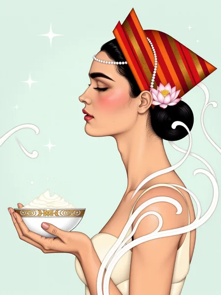 ODOM_art <lora:flux-lora-000006:1> A woman, likely 20-30 years old, light-skinned, with a serene expression.  She is adorned with a vibrant, patterned headscarf featuring bold red, orange, and multicolored stripes.  A strand of white pearls encircles her forehead.  Her eyes are closed, and her lips are a soft, coral pink.  She wears a light, cream colored, elegant-style dress.  The pose is a profile view, subtly angled.  She's holding a small, decorative, white bowl, filled with a light, white substance that appears to be in motion.  The bowl is ornately decorated, with subtle patterns.  The background features a pale, light-blue starry sky.  White, stylized, flowing,  wave-like tendrils surround and emerge from the bowl and dress her hair, giving a sense of movement and elegance. A pink lotus flower is near her ear.  The lighting is soft, and there's a subtle, glowing quality to the image, reminiscent of art nouveau.  The composition is centered on the woman's profile and the swirling white design.