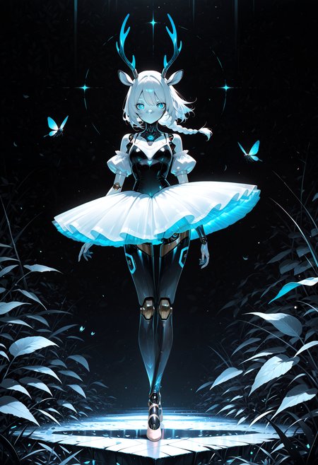 lazympos, adult,
1girl, newest,absurdres,incredibly absurdres, very aesthetic,
 solo, blue eyes, skirt, dress, animal ears, bare shoulders, standing, full body, braid, short sleeves, horns, detached sleeves, puffy sleeves, colored skin, glowing, leaf, bug, robot, light particles, glowing eyes, antlers, joints, no mouth, robot joints, mechanical parts, mechanical legs, deer ears, humanoid robot, ballerina, ballet slippers, robot girl, ballet, deer antlers, tutu, deer girl, looking at viewer, limited palette, sketch, glowing, psychedelic, black theme
