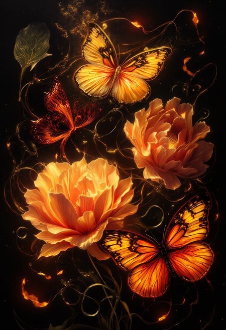 ArsMJStyle, impressionism, Ukiyo-e, A surreal and painterly composition featuring **radiant golden bleeding hearts flowers** and **luminescent, ethereal butterflies glowing with  crimson hues** against a pitch-black background. The flowers exude a vivid metallic sheen. The petals are dripping amber nectar. The butterflies pulse with an otherworldly golden-red light, and their wings are traced with intricate fiery patterns.
The atmosphere is enhanced by a dreamy **bokeh effect** that scatters soft glimmers of gold and crimson throughout the composition, creating depth and a sense of quiet wonder. The interplay of **rich golden highlights and deep black shadows** evokes an enchanting, almost mystical ambiance. Subtle embers float in the air, adding a dynamic, surreal quality to the scene.
The overall aesthetic is vivid yet balanced, emphasizing the **contrast between the glowing warmth of the flowers and harshness of the surrounding butterflies**. Rendered in **8K ultra-detail**, the textures are hyper-realistic, while the colors glow with an intense vibrancy, embodying an elegant harmony of surreal beauty and luxurious simplicity.