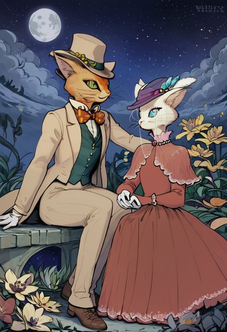 score_9, score_8_up, score_8, cute, in the style of beatrix potter, cel-shading, fca style, baroness louise, white fur, cat, female cat, blue eyes, anthro, gloves, purple hat, elegant hat, red dress, beautiful eyes, 1girl, BREAK
baron humbert, ginger fur, blue eyes eyes, cat, male, anthro, suit, tuxedo, blow-tie, white gloves, 1boy, BREAK
duo, sitting, outside, looking away, moon, at night, starry sky, woth design
