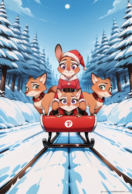 a group of animals riding on top of a sled, poster art by Pu Hua, featured on deviantart, furry art, of a fox wearing a santa hat, zootopia (2016), furry anime