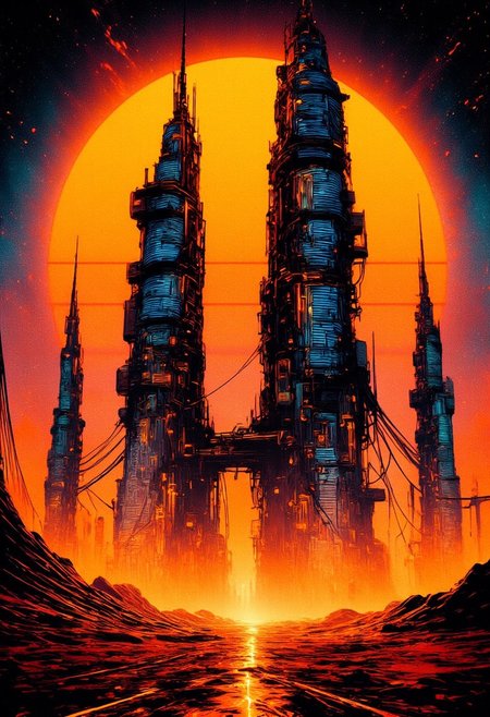 orange, black and white theme, inksplash image of towering, enigmatic structures rising from a barren, arid landscape.  Each tower is adorned with intricate, glowing lines of orange and blue lights, hinting at the advanced technology within. In the distance, other towering monoliths are visible, creating a sense of endlessness. The lighting, casting long, dramatic shadows. The camera is set at ground level, looking up at the overwhelming scale of the station, emphasizing its imposing and mysterious nature, silhouetted against a vibrant neon sunset.