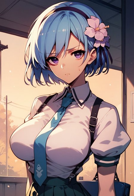 score_9, score_8_up, score_7_up, HENRIETTE MYSTERE,
HENRIETTE MYSTERE STUDENT ATTIRE, 1girl, solo, breasts, looking at viewer, short hair, large breasts, hair ornament, school uniform, blue hair, purple eyes, flower, hairband, necktie, hair flower, sweatdrop, frown