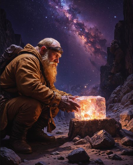 This image depicts a dwarf explorer or scientist examining what appears to be a mysterious crystalline Gem in a fantastical setting. The artwork combines traditional fantasy dwarf elements with science fiction themes, creating an intriguing fusion of genres. The dwarf is shown in profile, wearing what appears to be exploration gear including goggles or some kind of optical enhancement device strapped to his head. He has the characteristic dwarven beard, rendered in a vibrant orange-red color that seems to glow against the darker background. His clothing appears practical and weathered, with a brownish-yellow coat or jacket suggesting long periods of field work. The most striking element of the image is the large transparent cube the dwarf is holding up for examination. The cube appears to contain some sort of cosmic phenomenon - swirling colors of purple, blue, and orange that suggest a nebula or galaxy trapped within its crystalline structure. The cube seems to be emitting its own light, creating dramatic illumination effects across the scene. The lighting in the image is particularly noteworthy, with the cosmic cube providing the primary light source. This creates strong contrasts and casts an otherworldly glow across the dwarf's features and the surrounding environment. The light from the cube reflects off the dwarf's goggles and creates interesting highlights in his beard, while also illuminating particles or dust in the air around it. The background suggests a rocky, possibly extraterrestrial landscape, with scattered stones and an dark sky filled with distant stars. The color palette is rich and atmospheric, dominated by deep purples and blues in the background that contrast beautifully with the warm oranges and yellows of the dwarf's clothing and beard. The composition is dynamic despite being a relatively simple scene. The dwarf's posture suggests careful examination of the cube, with one hand holding it up while the other rests on what might be a work surface or rock formation. There's a sense of discovery and wonder in the pose and the overall composition. The art style combines painterly techniques with detailed rendering, particularly evident in how the light and colors are handled. The brushwork appears loose and expressive in areas like the background and clothing, while maintaining precise detail in important elements like the cube's crystalline structure and the dwarf's facial features and equipment. The image successfully conveys a sense of scientific discovery while maintaining fantasy elements, suggesting a world where magic and technology might coexist. The dwarf's expression and pose convey careful study and expertise, while the mysterious cube itself hints at greater mysteries yet to be understood. The work surface or ground in the foreground shows scattered rocks or possibly other artifacts, suggesting an archaeological or scientific expedition site. These details help ground the fantastical elements in a more tangible setting. Overall, the image tells a story of exploration and discovery, presenting a unique take on dwarven culture that goes beyond the typical warrior or craftsman archetypes often seen in fantasy art. Instead, it shows a character driven by scientific curiosity, studying phenomena that blend the magical with the cosmic.