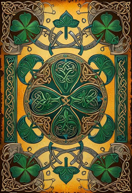 illuminated manuscript style illustration, ancient Celtic warrior's armor, ornate details, stylized glowing shamrocks, Celtic symbols, parchment texture, intricate borders, vibrant colors