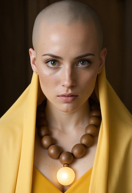 (score_10, score_9_up, score_9, score_8_up, hyperrealism, masterpiece, highly detailed, 8K:1.4), 
BREAK 
1girl, solo, monk, bald, bright eyes, big eyes, yellow clothes, yellow cape, priestly clothes, thick lips, parted lips, freckles, upper body, looking at viewer, beaded necklace, wooden necklace,