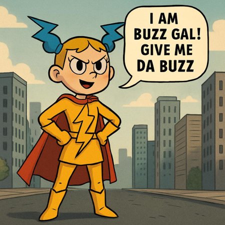 a superhero girl alone in a city hands on hips in a yellow outfit in the shape of a lighting bolt and  pigtails in the shape of blue lighting bolts and she is saying i am buzz gal give me da buzz