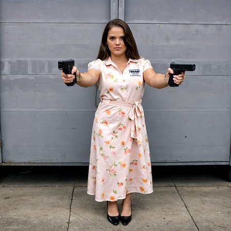 GLOCKG, (high quality raw (((full body photo of woman wearing a dress)))aiming a glock pistol at a employee), while standing in a gas station  
 <lora:Glock_Pistol__Gun__Firearm_PONY:1.0>