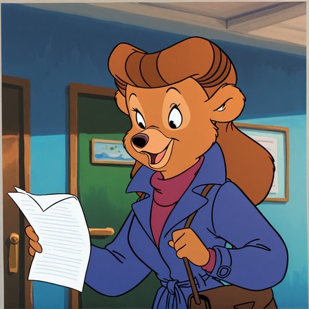 (masterpiece), (best quality), (ultra-detailed), amazing quality, very aesthetic, illustration, perfect composition, intricate details, absurdres, incredibly absurdres,   <lora:rebecca_cunningham_illustrious:1>, black eyes, retro artstyle, rebecca cunningham , solo, smile, open mouth, indoors, holding, animal ears, bag, coat, furry, paper, blue coat, holding paper, bear girl, brown fur, brown hair, body fur, furry girl, retro artstyle,