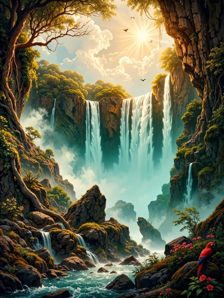 famous artwork, masterful use of light and shadow, masterful composition following the rule of thirds, chiaroscuro, dappled sunlight, romanticism oil painting of the awe-inspiring iguazu falls in the style of caspar david friedrich, an immense cascade of water thundering down into the mist-shrouded depths below, a breathtaking vision of unrestrained natural power, the composition is grand and dramatic, capturing the sheer scale of the falls as they carve through the lush, untamed rainforest, towering cliffs covered in verdant foliage frame the scene, their rugged, weathered surfaces bathed in soft golden light, the turbulent waters crash against the jagged rocks below, sending plumes of mist rising into the air, where they catch the sunlight in dazzling, prismatic hues, a pair of scarlet macaws flying over the falls add life to the scenery, the background features a vast, cloud-filled sky, a mixture of warm and cool tones as the light of the late afternoon sun filters through billowing storm clouds, shafts of sunlight break through, illuminating pockets of the dense jungle and highlighting the intricate textures of the cascading water, the rainforest is rich and vibrant, filled with dense vegetation, massive ferns, and ancient trees stretching toward the sky, the foliage is painted with masterful, expressive brushstrokes, evoking the untamed spirit of the wilderness, in the foreground, the river below swirls with movement, its deep emerald and turquoise waters reflecting the ever-changing sky, small details like birds soaring through the mist and delicate wildflowers growing between the rocks add life and realism to the composition, evoking a sense of awe and wonder, painted with rich, dynamic brushwork, the textures of water, stone, and foliage blend seamlessly, every detail capturing the grandeur and emotional intensity of the scene, deep, dramatic contrasts between light and shadow heighten the sense of depth and scale, a masterful work of romanticism that immerses the viewer in natureâs overwhelming majesty, ovg, style of rembrandt, <lora:style-caspar_david_friedrich-flux-by_tiberiana:0.84> <lora:style-rembrandt-flux-by_tangbohu:0.2> <lora:image_enhancer-flux-by_dever:0.8>