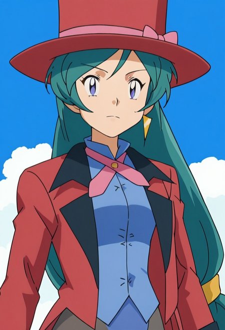 score_9, score_8, score_7_up source_anime, anime_coloring, anime_sceencap, highres, solo, standing, cowboy shot, upper body, face focus
PKMNFrancesca, 1girl, long hair, very long hair, low-tied long hair, bangs, green hair, aqua hair, purple eyes, blue eyes, , jewelry, earrings, hat, red headwear, top hat, bow, pink bow, hat bow, jacket, red jacket, coat, tailcoat, long sleeves, shirt, blue shirt, collared shirt, ribbon, pink ribbon,