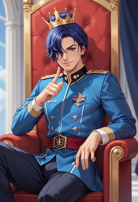 score_9_up, score_8_up, score_7_up, score_6_up, (realistic, photography, explicit photography) dynamic pose, 1boy, solo, BREAK, 
b4pt1st3,, short hair, hair over one eye, bangs, blue hair, blue eyes, prince, prince crown, (prince uniform:1.5), (royal uniform:1.5), BREAK,
sitting, throne, smiling, charming,