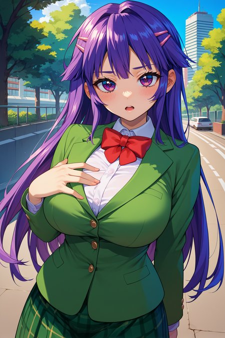 score_9, score_8_up, score_7_up, score_6_up, source_anime, 1girl, solo, <lora:shiinachizuru-pdxl-nvwls-v1-000005:1> schzru, purple hair, long hair, purple eyes, hairclip, green blazer, red bow, bowtie, green skirt, plaid skirt, large breasts, looking at you, trees, city, blush, open mouth, blue sky, hand on own chest