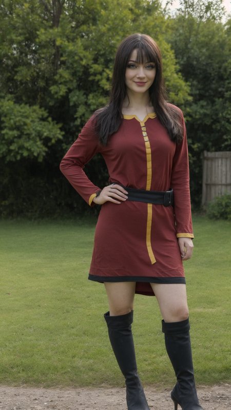 an 30yo woman, detailed face, looking at viewer, (full body shot:1.4), hdr, 8k, <lora:skin_slider_v10:1>, detailed eyes, <lora:egirlmakeupv1:0.5>, egirlmakeup, playful smirk, <lora:KonosubaCostumePackV1_5-000010:1>, mgmoutfit,