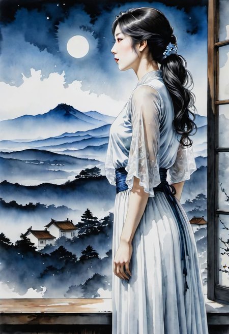 masterpiece, best quality, 8k, HDR, RGB, oil paints, watercolor, ink,
Minimalist ink painting, ghost of a woman at a window, inspired by the approaches of artists such as Takato Yamamoto and Jean-Baptiste Monge, refined contours emphasized by intricate line drawings, with white highlights delicately blending with a harmonious palette of sensual shades, as if encapsulating the figure with hair . rustling in the wind, a clear homage to Tomer Hanukkah's ukiyo-e style, expressive elements that take inspiration from formal art, subtly touching on darker shades.
Bastien Lecouf-Degarme, Carn Griffiths, E. Abramzon, Raphael, Caravaggio,