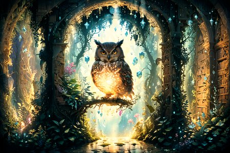 An ancient library hidden within an enchanted forest, illuminated by bioluminescent plants and floating crystals, as seen through the eyes of a curious owl at twilight. <lora:Lost_In_Dreams:0.7> <lora:xl_more_art-full_v1:0.6>, (masterpiece:1.2), best quality, (hyperdetailed, highest detailed:1.2), high resolution textures