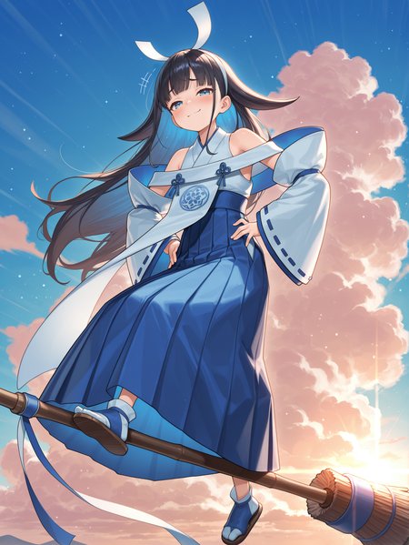 broom surfing,standing,smug,shinonome the vaylantz priestess,1girl,solo,cloud,blue sky,smile,looking at viewer,blush,bare shoulders,full body,colored inner hair,white hairband,white ribbon-trimmed sleeves,white sleeveless kimono,blue hakama skirt,white tabi,blue sandals,white breast curtain,blue sky,half-closed eyes,hands on own hips,motion lines,raised eyebrows,
masterpiece,best quality,amazing quality,very aesthetic,absurdres,newest,scenery,extreme detail,8k,light particles,soft lighting,volumetric lighting,intricate details,finely detailed,detailed eyes,<lora:Shinonome the Vaylantz Priestess illusXL v1.1:0.75>,