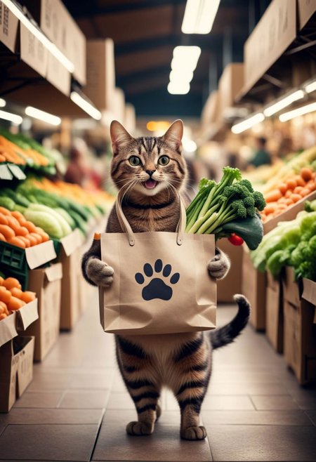 Cinematic still of cat holding shopping bag full of vegetables with paws,  shopping with smile in a market. . Shallow depth of field,  vignette,  highly detailed,  high budget,  bokeh,  Cinemascope,  moody,  epic,  gorgeous,  film grain,  grainy