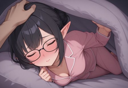Bedroom, detailed background, cute, very pretty,
 1elf(petite elf, black hair, small breasts, messy bun, hair in a bun, eyes closed, wearing glasses, pointed ears, pink pajamas), laying on side,(blushing), shy, (embarrassed), bed invitation, incoming_kiss,incoming kiss, imminent kiss, lips,
Male pov, (head pat)