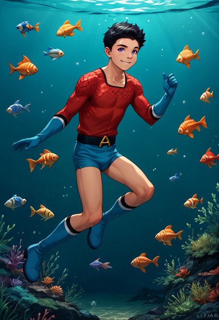 score_9, score_8_up, score_7_up, 1boy, solo, male focus, cute boy, young, Aqualad, Black Hair, Purple eyes, seductive smile,l, floating underwater, Red Scale Shirt, fish scales pattern, Blue Speedo, Blue Shorts, Male Swimwear, Blue Gloves, Blue Boots, Belt