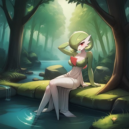 score_9, score_8_up, score_7_up, score_6_up, score_5_up, score_4_up, cartoon style,
 luminekoStyle,
cartoony style, 
1 girl, gardevoir, green_hair, green_skin, hair_over_one_eye, 
forest, river, bathing,