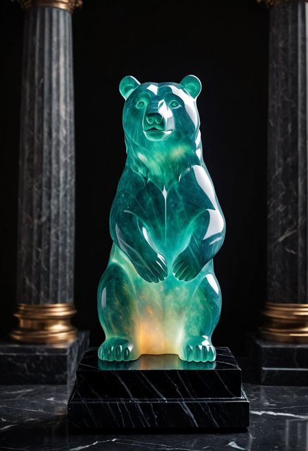 Fujifilm XT3, Sony A7 IV, (award winning photography) a (black: 0.79) marble simple (stylized: 1.49) (bear) statue made of opal (Kintsugi: 0.89) set on a pedestal in temple, glistening. in the background beautiful pillars, divine (iridescent: 0.79), opalescent textures, volumetric light, ethereal, sparkling, studio photo, highly detailed, sharp focus (highest quality: 1.39) (highest coherency: 1.39) (award winning photography), highly detailed photography, (muted colors, cinematic, dim colors, soothing tones:1.2), vibrant, insanely detailed, hyperdetailed, (dark shot:1.2), (vsco:0.3), (intricate details:0.9), (hdr, hyperdetailed:1.2) (vignette), sss, raw photo, fijifilm, kodak, cinematic film grain, mesopotamian, babylonian