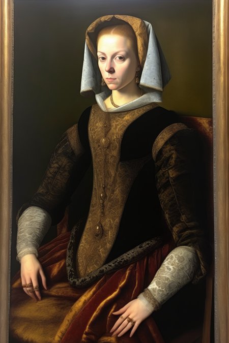 <lora:Sofonisba Anguissola Style:1>Sofonisba Anguissola Style - portrait of a Venetian noblewoman sitting on a chair, end of 1500s, oil on canvas. Old golden frames