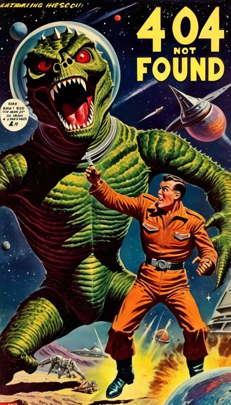 <lora:Richard Hescox Style:1>Richard Hescox Style - (Text Logo "404 Page Not Found":1.3), a (1950's scifi comic book cover) with a human  fighting a large monster in space