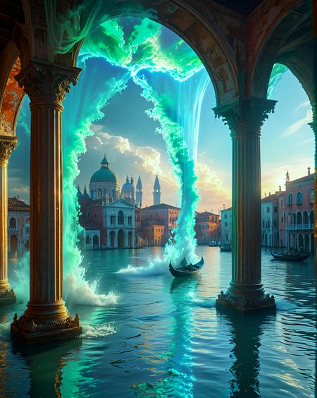 Venetian lagoon at acqua alta, palaces floating on liquid mercury during Auroral: Proton arc curtains dancing with radioactive jade veils,
<lora:extremely_detailed:0.4> extremely detailed,
<lora:Flux-XL_Scenery:0.35> flux-scenery,
<lora:add-detail-xl:0.05>,
<lora:DetailMaximizer:0.25>,
<lora:MidjourneyV6.1:0.15> midjourneyv6.1,
<lora:Dream Scenery XL:0.1> Dream Scenery,
detailxl