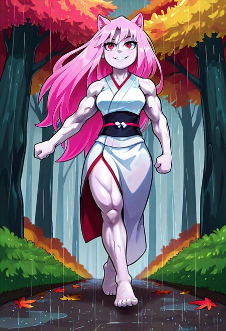 autumn forest, rain, 1girl, muscular body, white kimono, barefeet, long hair, pink hair, wild hair, red eyes, smile, pale skin, cat ears, walking, sleeveless