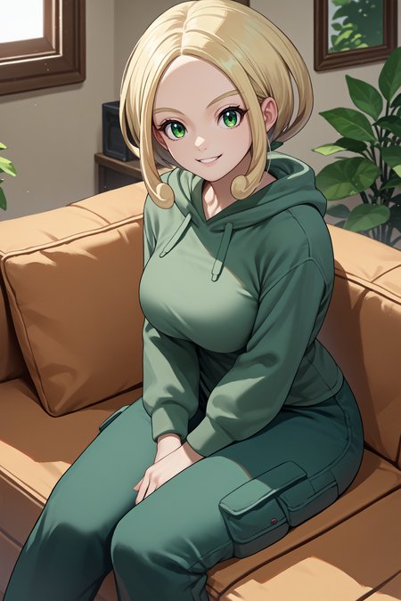 score_9, score_8_up, score_7_up, score_6_up, source_anime, 1girl, solo,  <lora:pkmnviola-pdxl-nvwls-v1-000004:1> defvla, blonde hair, green eyes, parted bangs, short hair, large breasts, green hoodie, green pants, sitting, hood up, couch, looking at you, smile, indoors