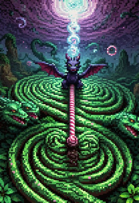 pixel art, digital art, An intricate black licorice maze stretching endlessly into the horizon, with explorers made of peppermint candies navigating its twists and turns. Overhead, a licorice whip dragon coils menacingly in the sky. Rendered in dark fantasy style with hyper-detailed textures and dramatic chiaroscuro lighting, the scene humorously reflects on lifeâs challenges and the bittersweet nature of perseverance.
