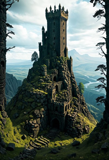 <lora:TheWeirdies_epoch_10:0.78>, epiCPhotoGasm-colorfulPhoto  , advntr ,
score_9, score_8_up, score_7_up, score_6_up
Durlag's Tower was a large tower that was said to be haunted by a powerful entity, as well as one that housed immeasurable treasure. ((game of thrones aesthetic, cinema still from dynamic scene)), The fortress was located south of the Wood of Sharp Teeth, a couple of miles from the small settlement of Gullykin. The tower was built entirely of volcanic stone and was in fair condition given the amount of time and neglect involved. It laid atop a volcanic plug that dominated the surrounding lands. Durlag Trollkiller, aided by hired dwarves, was said to have hollowed out the mountain for the rock that made up his tower and used the space created to hide further treasure. This local landmark was the isolated keep of Durlag Trollkiller, son of Bolhur the Clanless,  Many adventurers sought his treasure over the decades, with varying degrees of success. Around 1372 DR, rumors said a fiend had taken up residence within the remains of the tower and used the defenses created by Durlag to keep both itself and the treasure safe. Some claimed that this creature was a lich.
no humans
((massively large towering fortress, dark woods surround, built of volcanic stone, mountain, dark, ballistas on the battlements))