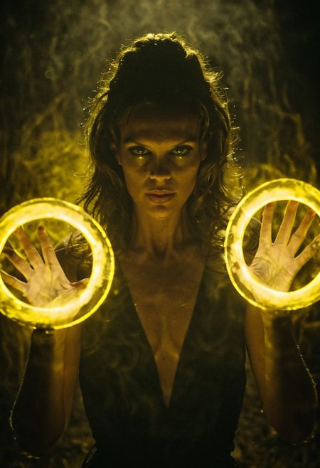 Bama1966 Style, Describe the silhouette of catwomans glitched hands casting circular spells, circular vibrant glowing yellow rings in each hand,  against a bleaked black backdrop in the style of the iconic 1977 James Bond opening sequence, shrouded in black silhouette, illuminated from behind by a spotlight cutting through mist.
atmospheric haze, Film grain, cinematic film still, highly detailed, high budget, cinemascope, moody, epic, OverallDetail, gorgeous, 2000s vintage RAW photo, photorealistic, candid camera, color graded cinematic, eye catchlights, atmospheric lighting, skin pores, imperfections, natural, shallow dof,