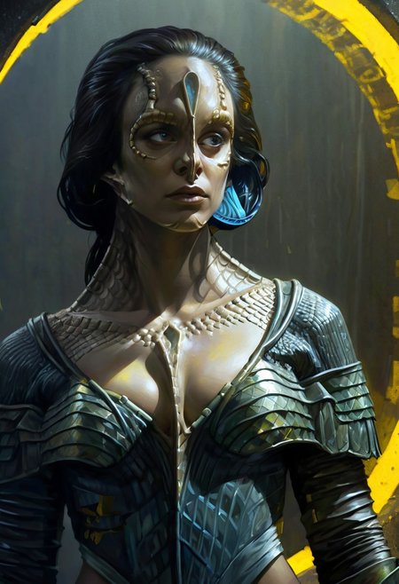 (a female c4rd45514n alien, forehead crest, grey skin, ridges, scales), erotic, dynamic, moody, shadows, highly detailed, low cut strapless breastplate armor, cleavage, midriff, digital painting, artstation, concept art, smooth, sharp focus, illustration, art by Carne Griffiths and Wadim Kashin, good shadows, dim lit, devoid of color, low light, back light, hidden, obscured, black  hair, prismatic, monolith, obsidian, bright yellow god rays, sun circle