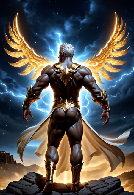 4k, digital art, semi realistic, fantasy, best quality, masterpiece, very detailed, dynamic angle, dynamic pose, seen from the back, pov from the back, back view portrait of a male bodybuilder, huge bodybuilder, mature, massive arms, huge pectorals, short hair, white hair, white beard, long beard, handsome, big nose, big eyes, anime eyes, greek god, wearing a greek tunic, ancient greece, fighting, holding a golden thunder, surrounded by thunder, night sky on the background (cinematic light, volumetric),