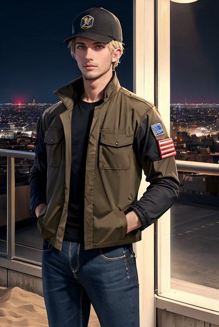 (masterpiece, best quality, high quality, highres, ultra-detailed), city, scenery, night, building, sign, cityscape, pantyhose, skyscraper, street lights, 
solo, 1boy, gray eyes, short Crew Cut, sand blonde hair, triangular face, looking at viewer, outdoors, hands in pockets, khaki jacket, black  loose jeans, black baseball cap, 
AS-Adult, Asian-Less, OverallDetail,