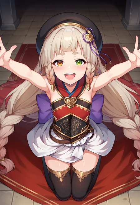 score_9, score_7_up, hd, (ultra hd quality details), source_anime, indoors,
solo, 1girl, gbfpholia, erune, brown eyes, green eyes, heterochromia,
phldef, multiple braids, beret, armored dress, bare shoulders, white skirt, black thighhighs, platform footwear, 
looking at viewer, blush, smile, upper teeth only, 
kneeling, from above, spread arms, foreshortening, 
<lora:_pholia_gbf-elesico-ponyC:1>