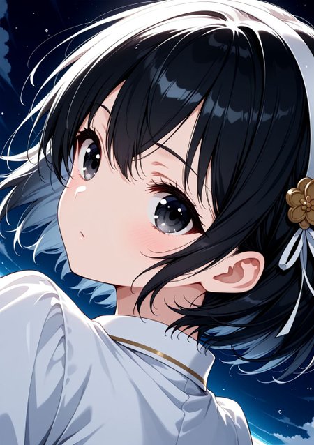 <lora:4863790872_ilxl:0.8>, 1girl, 4863790872_ilxl, hp_shinozuki, short hair, black hair, hair ornament, hairband, black eyes,, BREAK
masterpiece, best quality, amazing quality, very aesthetic, absurdres, newest, 
 <lora:Eyes_High_Definition:0.6>, eyesHD, high gradient eyes, detailed eyes, high definition eyes, 
<lora:LECO_Particles:1>, 
BREAK, <lora:brightness_slider:-0.5>,, general, from behind, looking back, dutch angle,  dynamic pose,