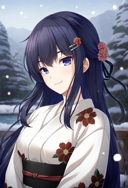 masterpiece,best quality,amazing quality,absurdres,aesthetic,newest,ultra detailed,realistic,
kagami siyuri \(haison\),1girl, solo, dark slateblue hair, very long hair, half updo, hair between eyes, sidelocks, floating hair,
hairclip, hair flowers, 
head_tilt,seductive_smile,looking at viewer,upper_body,white kimono, wide sleeves,obi, floral print, snow, snowing, water,print kimono,upper body,
 <lora:kagami_siyuri_noob_vpred10_v10:0.8>